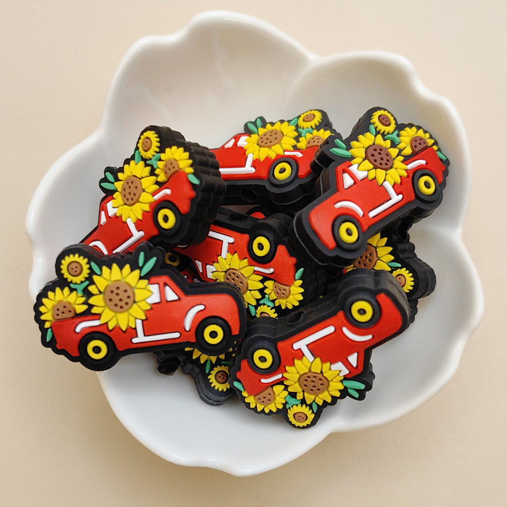 Wholesale 10pcs Cartoon Car Sunflower Western Style Print Focal Beads
